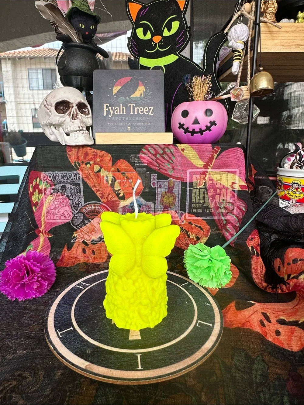 Handmade Neon Yellow Butterfly Candle – Floral Garden Pillar